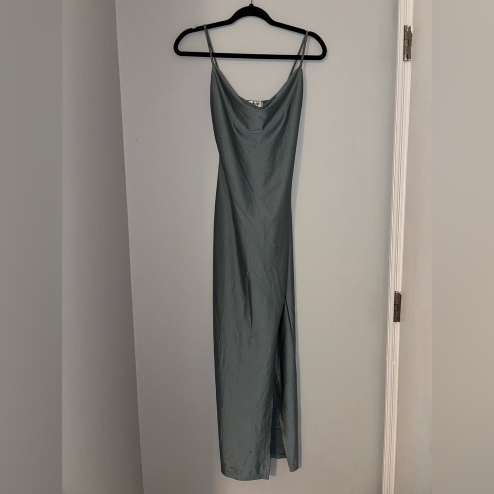 Chic Blue Silky Slinky Formfitting Maxi Dress with Slit